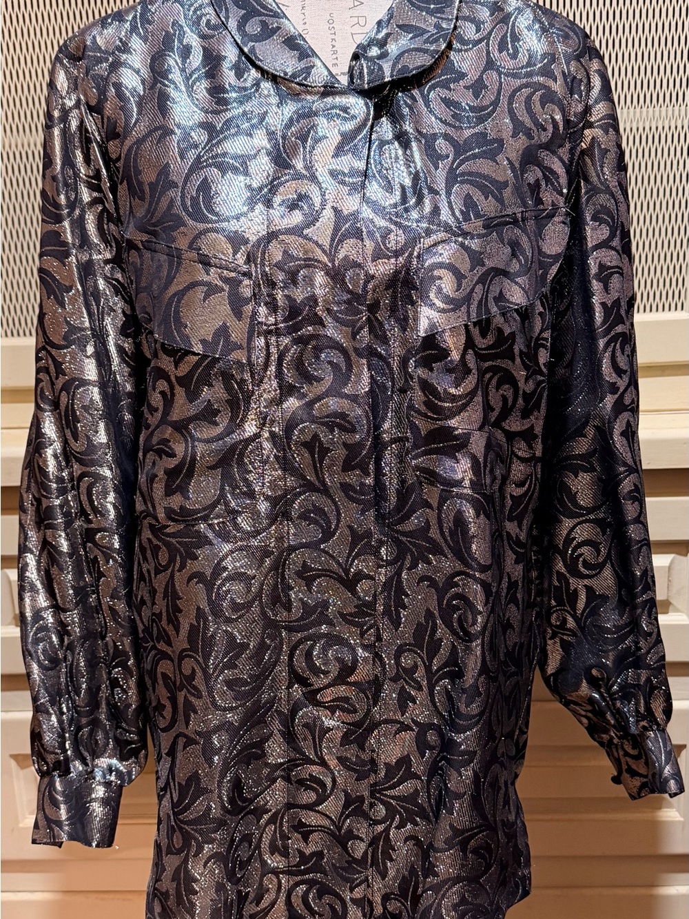 Vintage 80s Escada by Margaretha Ley Metallic Silver Black Damask Blouse